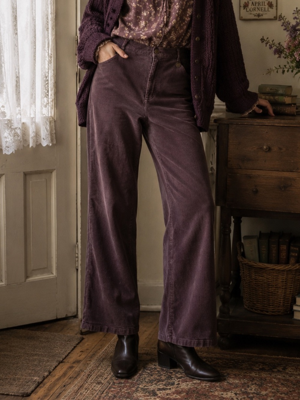 April Cornell Vintage Plum Purple Corduroy Wide Leg Pants Women’s M Cottagecore